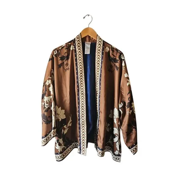 CHICO'S sz L/XL Short Border Kimono In Briar Brown silky cream navy accent - Picture 2 of 6